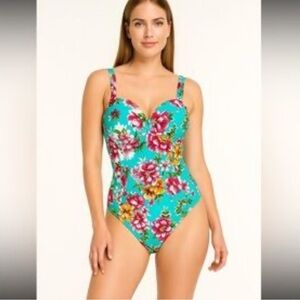 Ladies Leilani Brand Blue Floral One Piece Swim Suit Size 10 Ruched‎ Sides